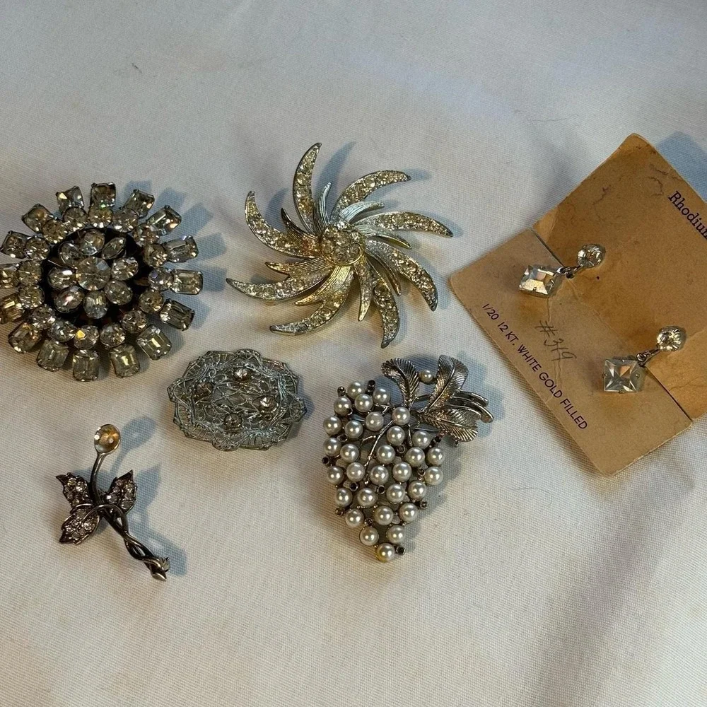 Lot of 6 Vintage Brooches and Earrings Silver Pearls Rhinestones Floral Grape
